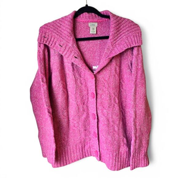 L.L.Bean Sweaters - NWOT LL Bean Womens Cable Knit Cardigan Size XL Pink Wool Blend Collared Sweater